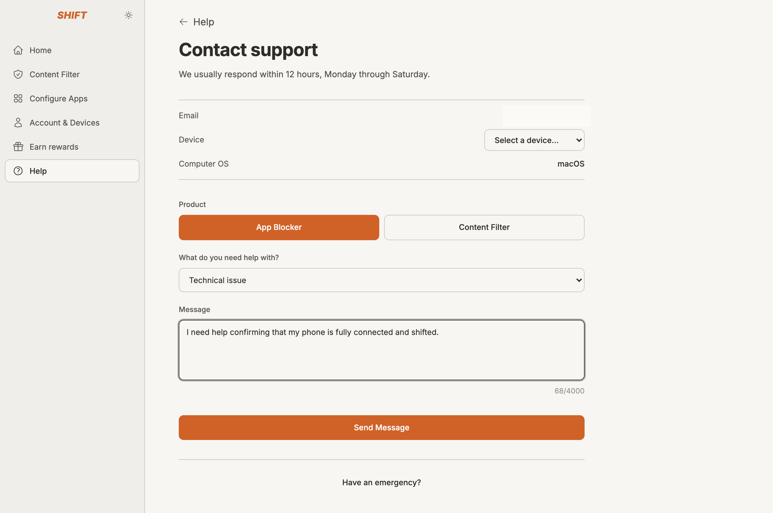 SHIFT Desktop app with the contact support form open